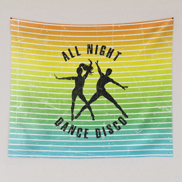 Item preview, Black silhouette of a couple dancing disco against a background of colorful stripes designed and sold by HarridanCreates.