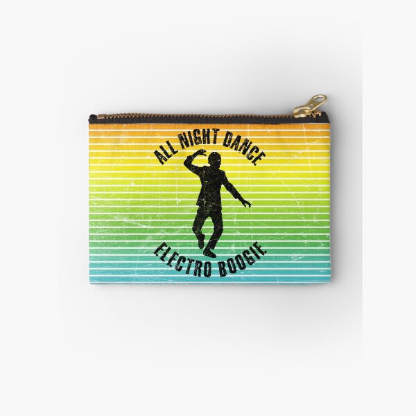 Item preview, Black silhouette of a man dancing electro boogie against a background of colorful stripes designed and sold by HarridanCreates.