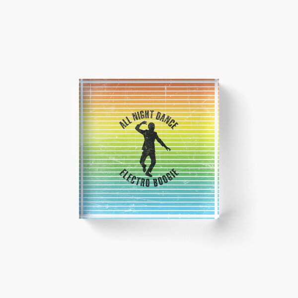 Item preview, Black silhouette of a man dancing electro boogie against a background of colorful stripes designed and sold by HarridanCreates.