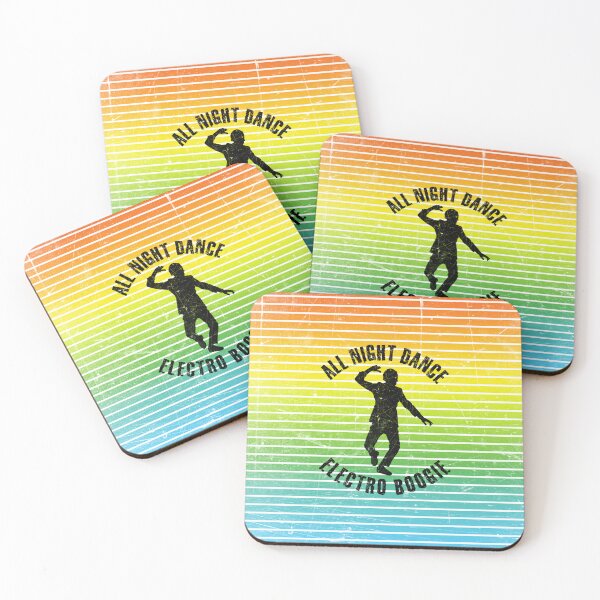 Item preview, Black silhouette of a man dancing electro boogie against a background of colorful stripes designed and sold by HarridanCreates.