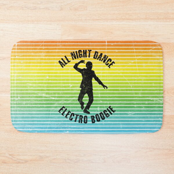 Item preview, Black silhouette of a man dancing electro boogie against a background of colorful stripes designed and sold by HarridanCreates.