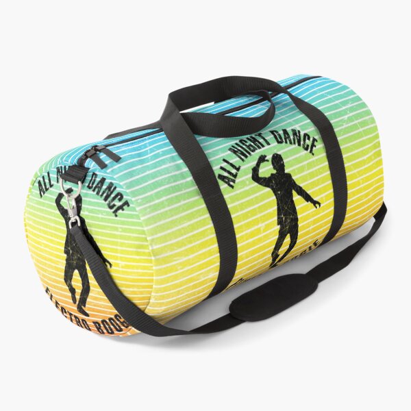 Item preview, Black silhouette of a man dancing electro boogie against a background of colorful stripes designed and sold by HarridanCreates.