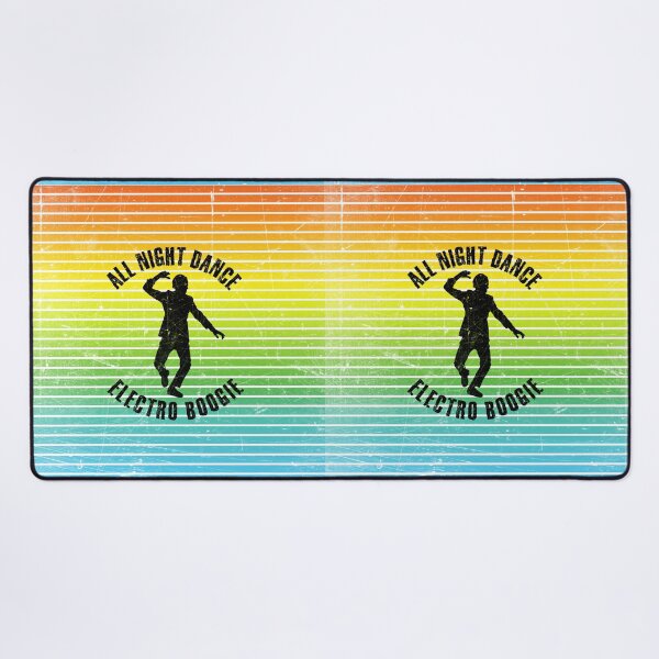 Item preview, Black silhouette of a man dancing electro boogie against a background of colorful stripes designed and sold by HarridanCreates.