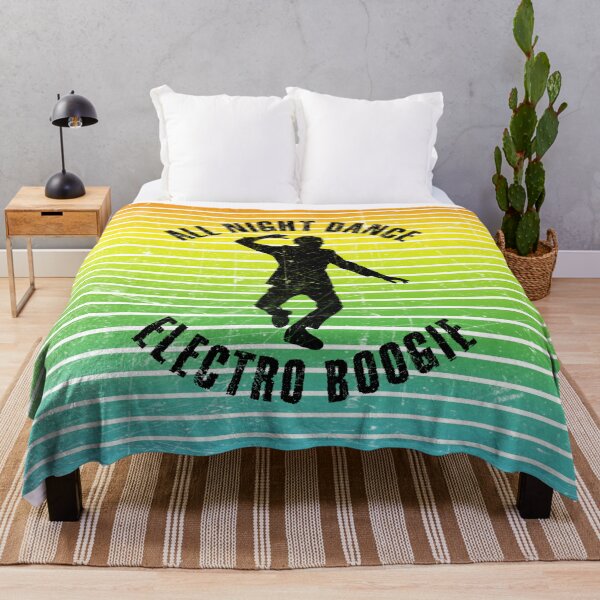 Item preview, Black silhouette of a man dancing electro boogie against a background of colorful stripes designed and sold by HarridanCreates.
