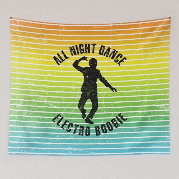 Item preview, Black silhouette of a man dancing electro boogie against a background of colorful stripes designed and sold by HarridanCreates.