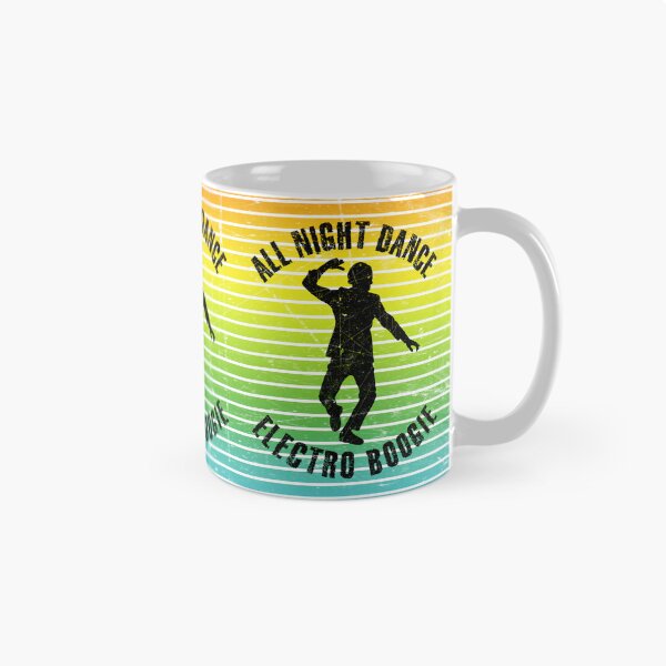 Item preview, Black silhouette of a man dancing electro boogie against a background of colorful stripes designed and sold by HarridanCreates.