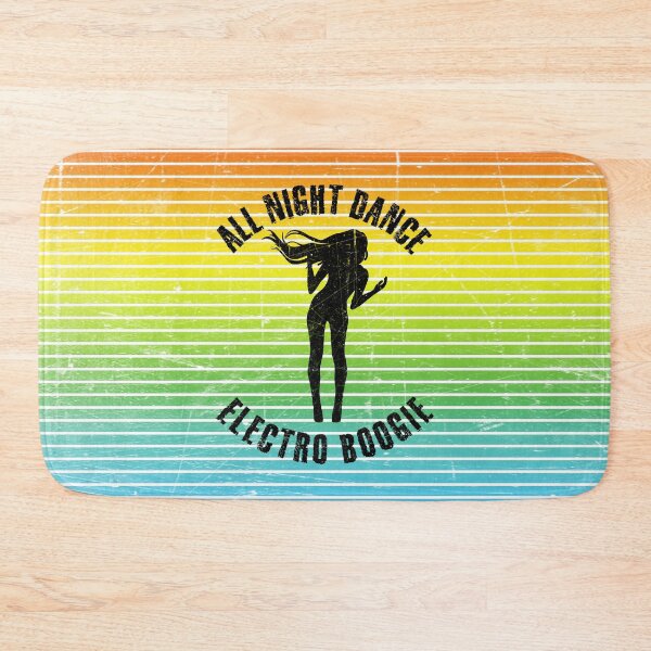 Item preview, Black silhouette of a woman dancing electro boogie against a background of colorful stripes designed and sold by HarridanCreates.