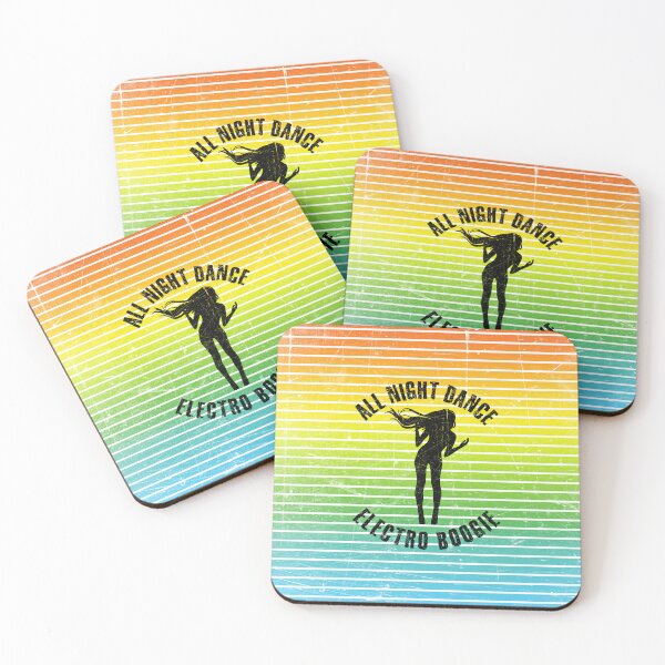 Item preview, Black silhouette of a woman dancing electro boogie against a background of colorful stripes designed and sold by HarridanCreates.
