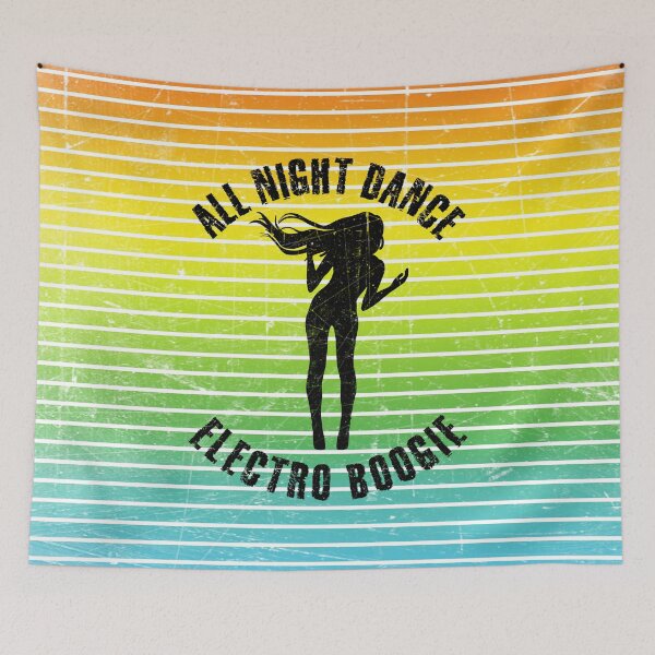 Item preview, Black silhouette of a woman dancing electro boogie against a background of colorful stripes designed and sold by HarridanCreates.