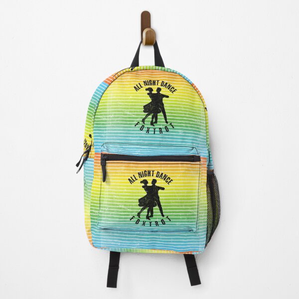 Item preview, Black silhouette of a couple dancing foxtrot against a background of colorful stripes designed and sold by HarridanCreates.