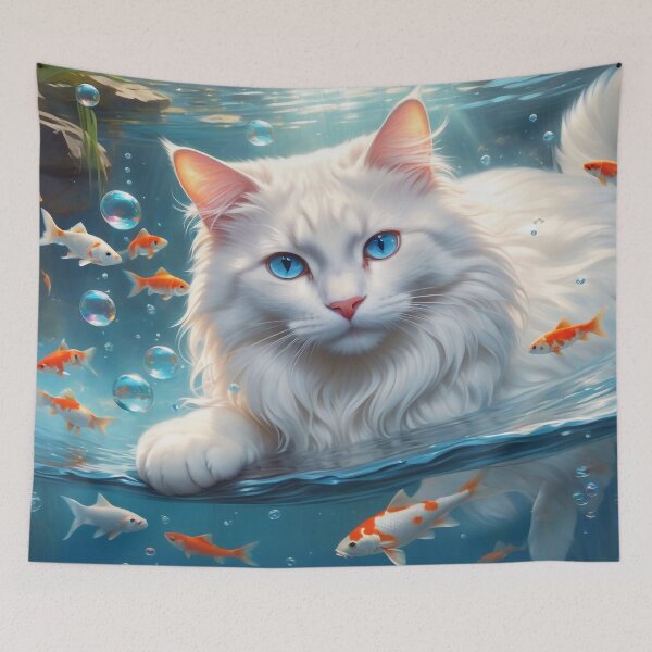 Item preview, White cat and koi fish designed and sold by M-Y-A-R-T-.