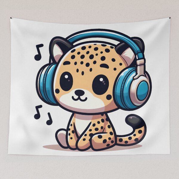Artikelvorschau, Kawaii-Gepard mit Kopfhörern, der Musik hört entworfen und verkauft von CanvasCutie.