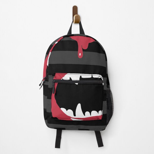 Item preview, vampire's mouth with sharp fangs on a black and red striped background designed and sold by ARTSYILA.