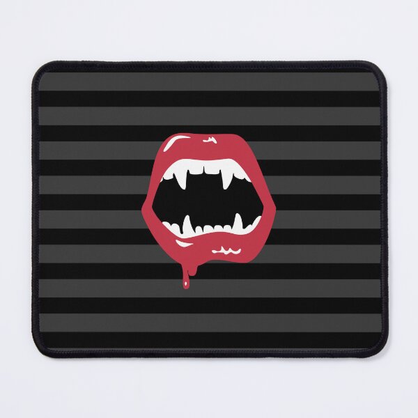 Item preview, vampire's mouth with sharp fangs on a black and red striped background designed and sold by ARTSYILA.