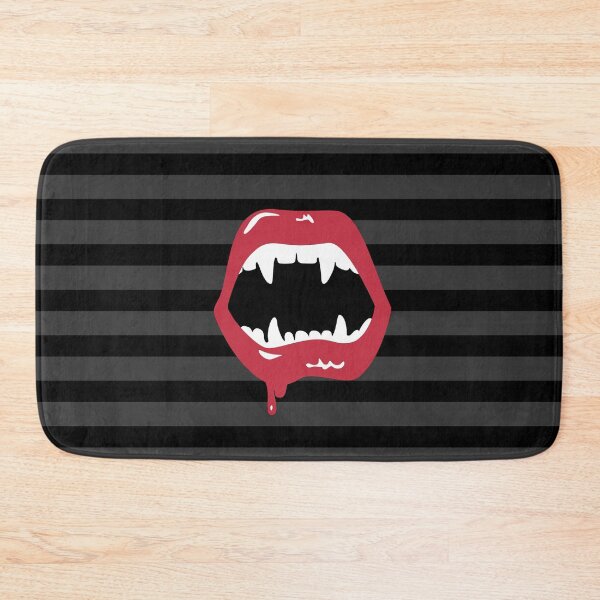 Item preview, vampire's mouth with sharp fangs on a black and red striped background designed and sold by ARTSYILA.