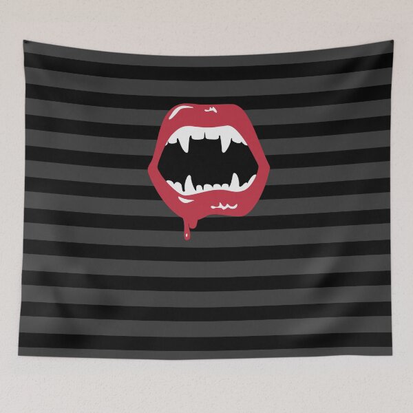Item preview, vampire's mouth with sharp fangs on a black and red striped background designed and sold by ARTSYILA.
