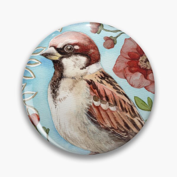 Item preview, Sparrow on a branch with flowers watercolor painting. designed and sold by NadyaSaen.