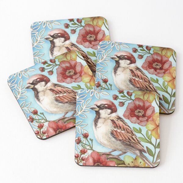 Item preview, Sparrow on a branch with flowers watercolor painting. designed and sold by NadyaSaen.