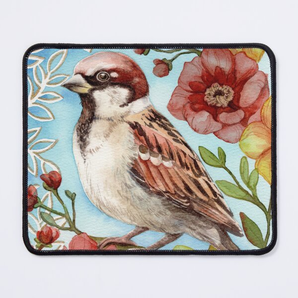 Item preview, Sparrow on a branch with flowers watercolor painting. designed and sold by NadyaSaen.