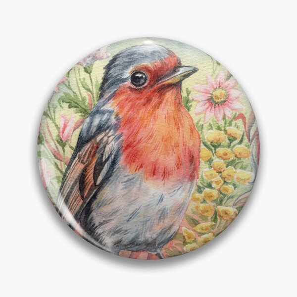 Item preview, Robin on a branch with flowers watercolor painting. designed and sold by NadyaSaen.