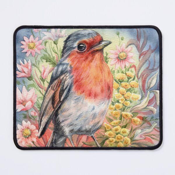 Item preview, Robin on a branch with flowers watercolor painting. designed and sold by NadyaSaen.