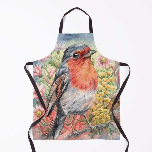 Item preview, Robin on a branch with flowers watercolor painting. designed and sold by NadyaSaen.
