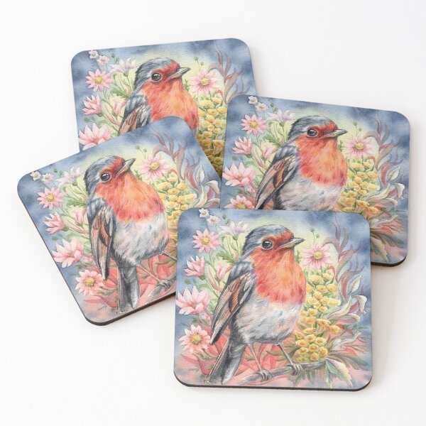Item preview, Robin on a branch with flowers watercolor painting. designed and sold by NadyaSaen.
