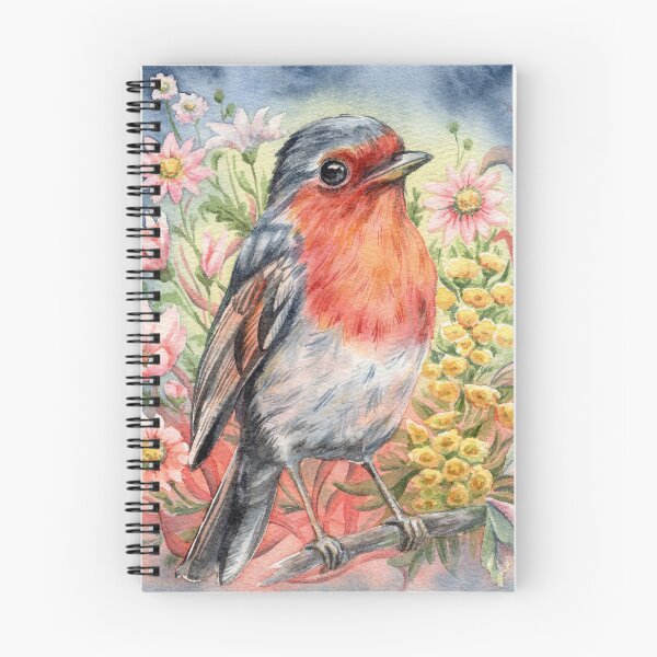 Item preview, Robin on a branch with flowers watercolor painting. designed and sold by NadyaSaen.