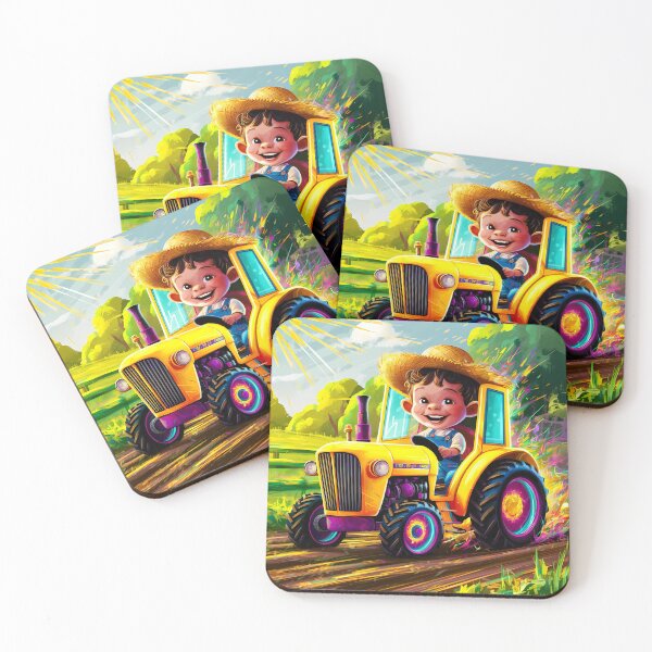 Item preview, Lil boy on a colorful tractor cartoon children illustration designed and sold by EmeraldeaArt.
