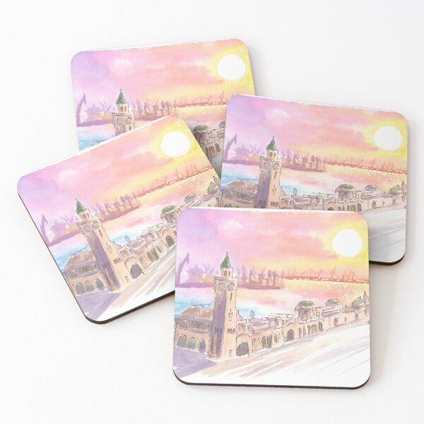 Item preview, St. Pauli Piers in Hamburg at Sunset over Docks designed and sold by artshop77.