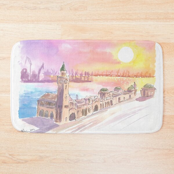 Item preview, St. Pauli Piers in Hamburg at Sunset over Docks designed and sold by artshop77.