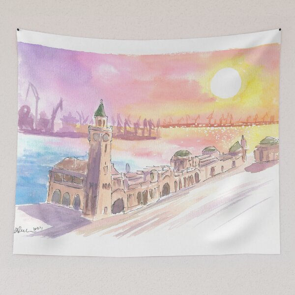 Item preview, St. Pauli Piers in Hamburg at Sunset over Docks designed and sold by artshop77.
