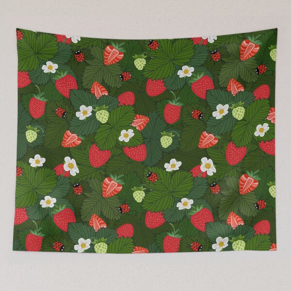 Item preview, strawberry pattern with flowers and ladybugs seamless designed and sold by Kseniavasil.