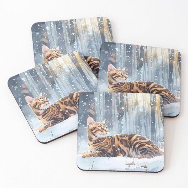Item preview, "Snowy reverie" - Bengal seems lost in thought, surrounded by dancing snowflakes. designed and sold by PaintedKitties.