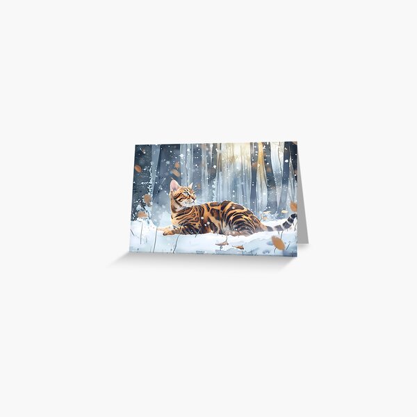 Item preview, "Snowy reverie" - Bengal seems lost in thought, surrounded by dancing snowflakes. designed and sold by PaintedKitties.