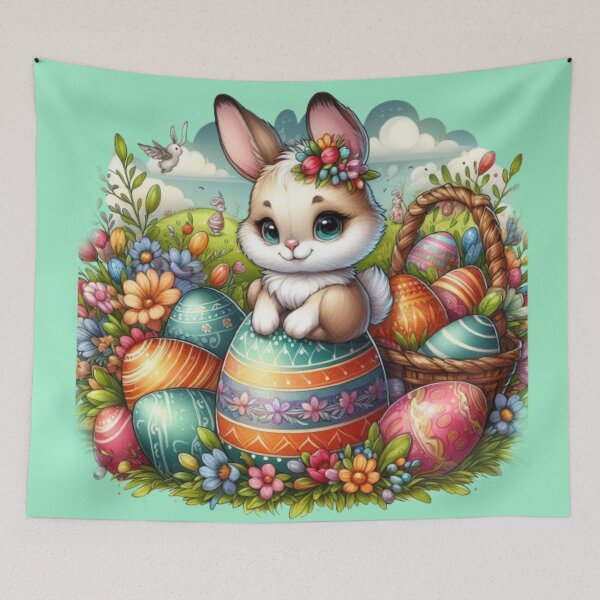 Item preview, Happy Easter, sweet bunny on colorful Easter eggs in flower baskets designed and sold by JaroDesign2023.