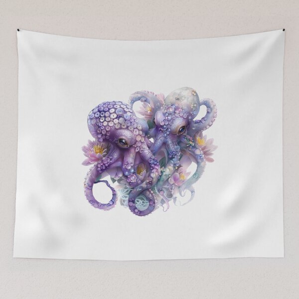 Item preview,  Beach Animal. Two octopuses in lilies. Lilac color Kawaii Octopus. designed and sold by Anastasiia Yurevych.