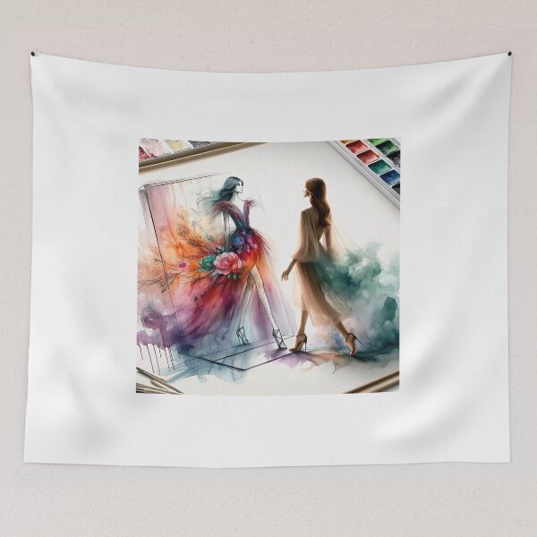 Item preview, Fashion sketch come to life, with the model stepping out of a watercolor painting, blending art and fashion designed and sold by AndreaMart.