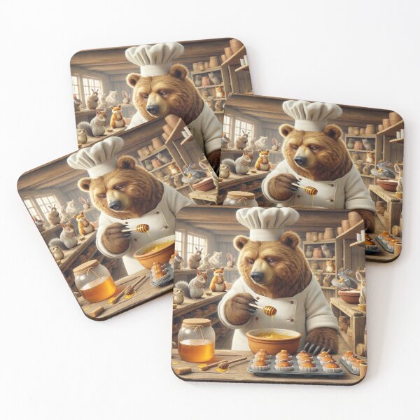 Item preview, Bear, dressed in a white chef's outfit with a cap that barely contains his bushy fur, stands in a rustic forest bakery designed and sold by AndreaMart.