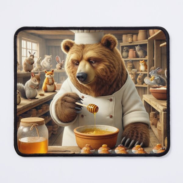 Item preview, Bear, dressed in a white chef's outfit with a cap that barely contains his bushy fur, stands in a rustic forest bakery designed and sold by AndreaMart.