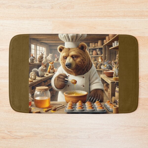 Item preview, Bear, dressed in a white chef's outfit with a cap that barely contains his bushy fur, stands in a rustic forest bakery designed and sold by AndreaMart.