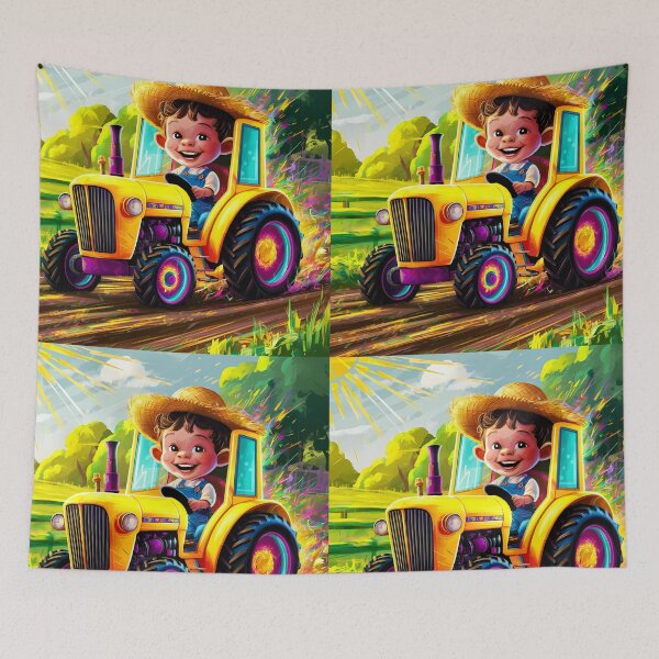 Item preview, Lil boy on a colorful tractor cartoon children illustration designed and sold by EmeraldeaArt.