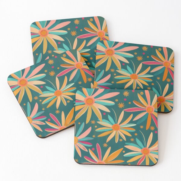 Item preview, Retro flowers design on bottle green background - orange, pink & aqua designed and sold by PrettyPinkSkies.