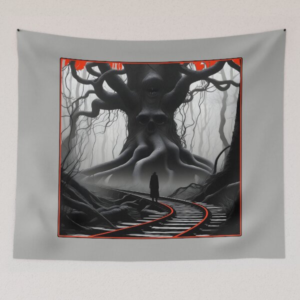 Item preview, Scary Train Tracks Eerie Train Trip Destination in Black and White with red designed and sold by Beachy.
