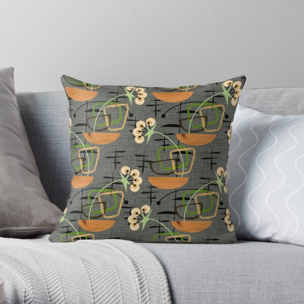 Gray Mid-Century Modern Houseplants, Atomic Patterns Throw Pillow