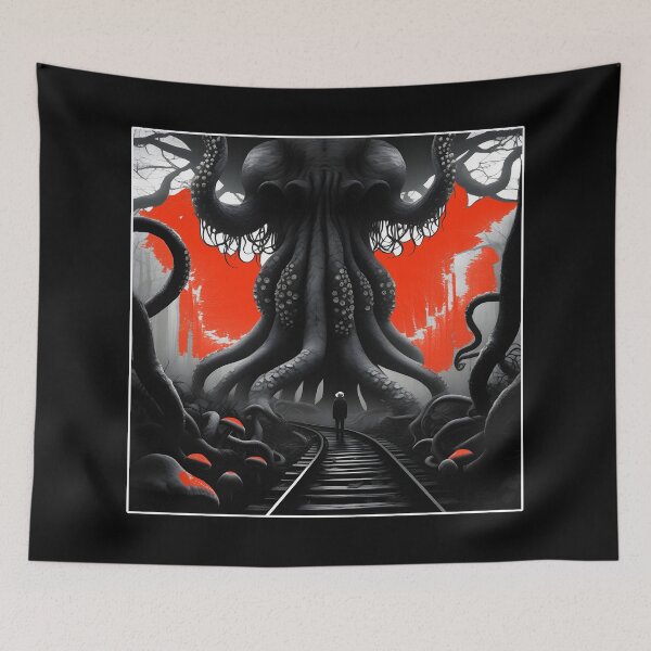 Item preview, Sinister Journey Black and White Train Tracks Octopus Tree with red designed and sold by Beachy.