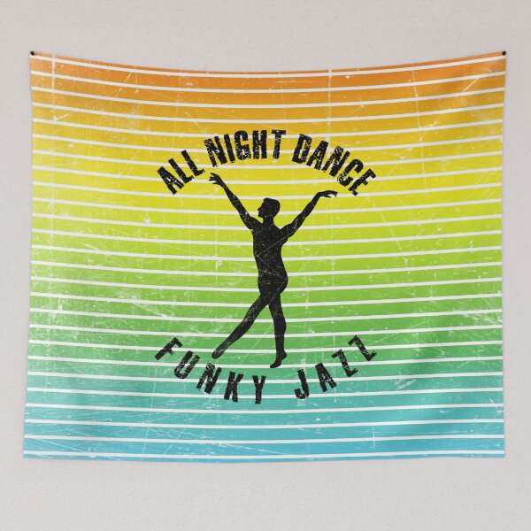 Item preview, Black silhouette of a man dancing funky jazz against a background of colorful stripes designed and sold by HarridanCreates.
