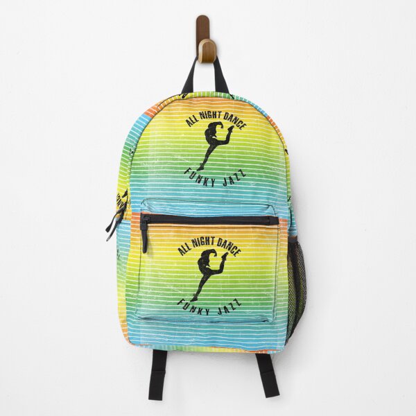 Item preview, Black silhouette of a woman dancing funky jazz against a background of colorful stripes designed and sold by HarridanCreates.