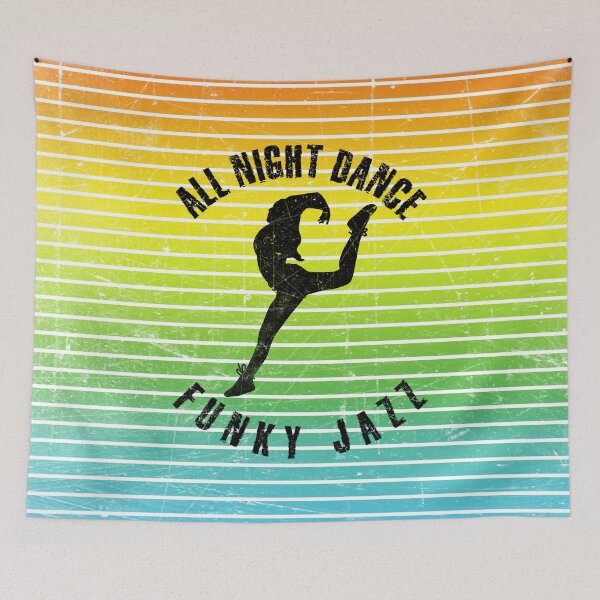 Item preview, Black silhouette of a woman dancing funky jazz against a background of colorful stripes designed and sold by HarridanCreates.