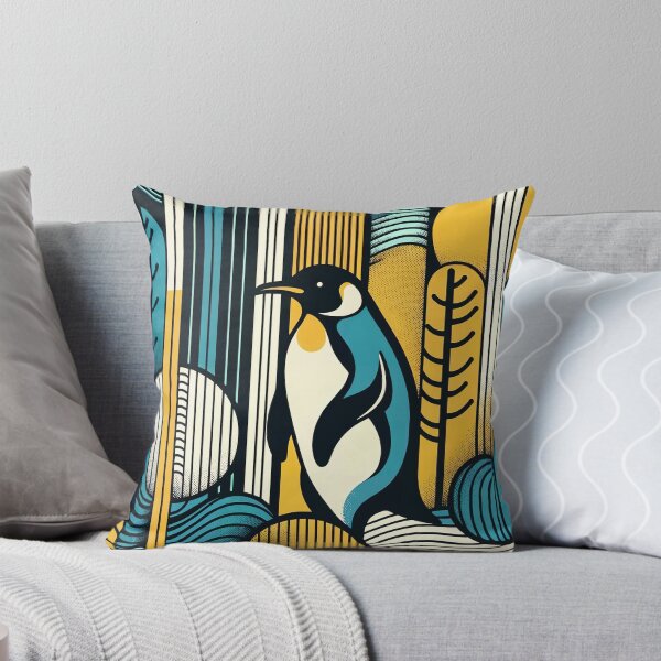 Item preview, Mustard Yellow Teal Blue Penguin In Retro Geometry Forest Pattern designed and sold by PenguinForests.